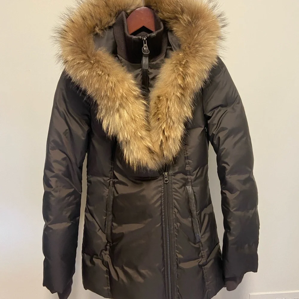 Mackage Black Down Parka Fur Hood Leather Trim - Picture 2 of 11